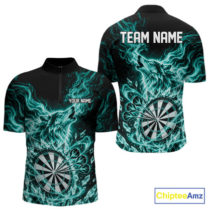 Custom Teal Green Flame Wolf Dart Team Men Quarter Zip Shirt, Crystal Ice Dartboard Shirt IPHW12461