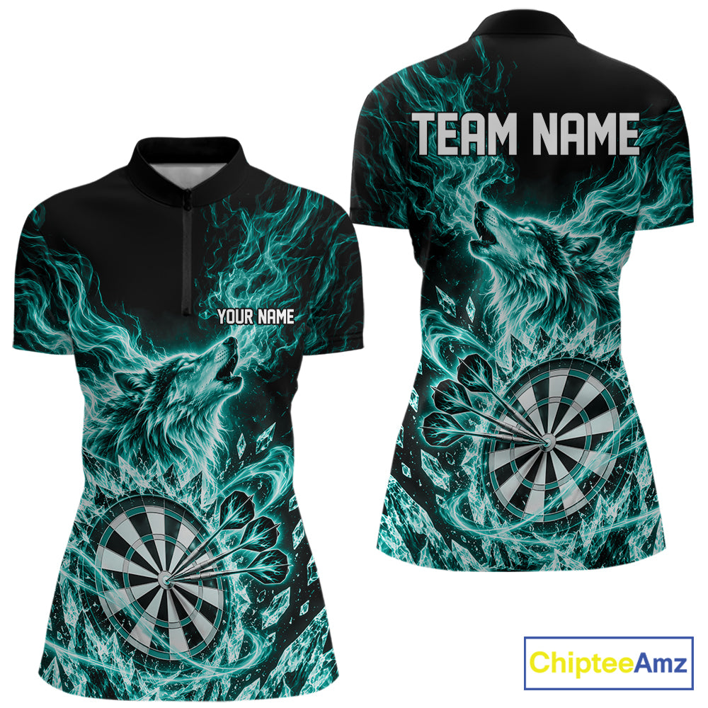 Custom Teal Green Flame Wolf Dart Women Quarter-Zip Shirt, Crystal Ice Dartboard Shirt IPHW12461
