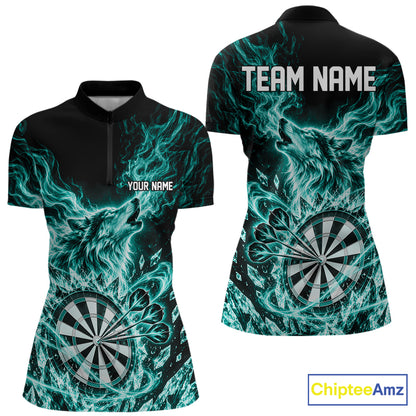 Custom Teal Green Flame Wolf Dart Women Quarter-Zip Shirt, Crystal Ice Dartboard Shirt IPHW12461