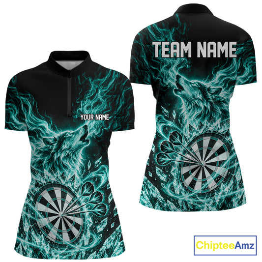 Custom Teal Green Flame Wolf Dart Women Quarter-Zip Shirt, Crystal Ice Dartboard Shirt IPHW12461