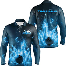 Load image into Gallery viewer, Custom Blue Flame Bowling Shirts For Men, Fire Bowling Team League Shirt Bowler Uniform Outfits IPHW7889