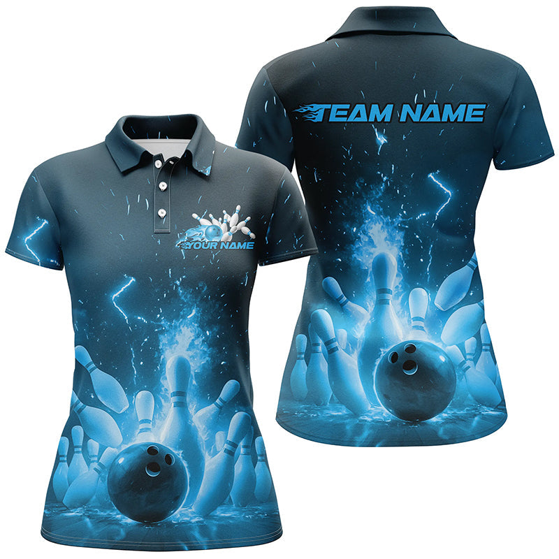 Custom Blue Flame Ladies Bowling Shirts, Bowling Team League Shirt Bowler Uniform Outfits IPHW7889