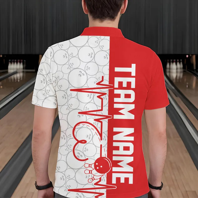 White And Red Custom Love Bowling Polo Shirts For Men, Valentines Couple Bowling Jerseys IPHW8324