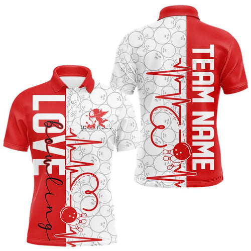 White And Red Custom Love Bowling Polo Shirts For Men, Valentines Couple Bowling Jerseys IPHW8324