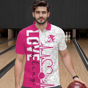 White And Pink Custom Love Bowling Polo Shirts For Men, Valentines Couple Bowling Jerseys IPHW8325