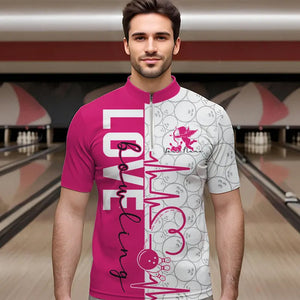 White And Pink Custom Love Bowling Quarter-Zip Shirts For Men, Valentines Couple Bowling Jerseys IPHW8325