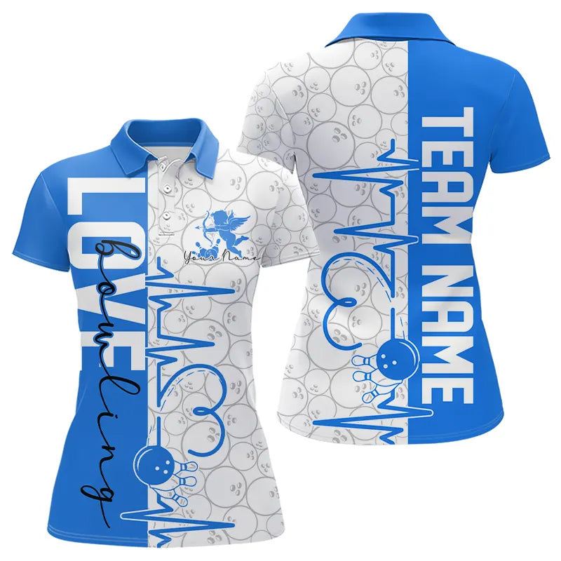 White And Blue Custom Love Bowling Polo Shirts For Women, Valentines Couple Bowling Jerseys IPHW8326