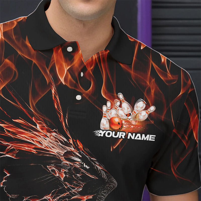 Custom Black And Orange Flame Eagle Bowling Team Men Polo Shirts, Eagle Bowling League Shirt IPHW8799