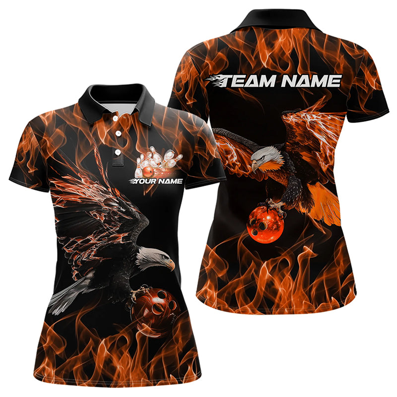 Custom Black And Orange Flame Eagle Bowling Team Women Polo Shirts, Eagle Bowling Shirt IPHW8799