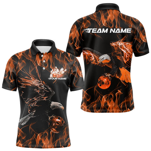 Custom Black And Orange Flame Eagle Bowling Team Men Polo Shirts, Eagle Bowling League Shirt IPHW8799