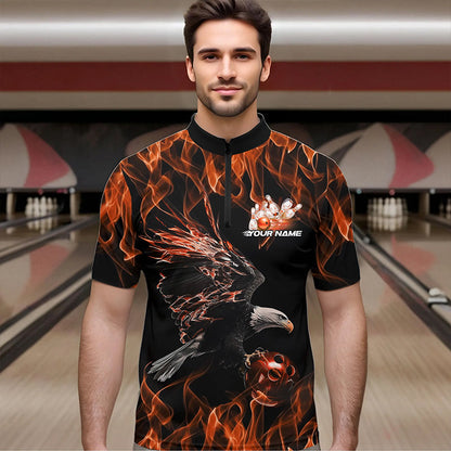 Custom Black And Orange Flame Eagle Bowling Team Men Quarter-Zip Shirts, Eagle Bowling League Shirt IPHW8799