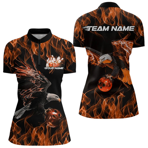 Custom Black And Orange Flame Eagle Bowling Women Quarter-Zip Shirts, Bowling League Shirt IPHW8799