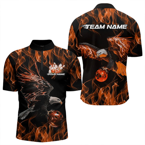 Custom Black And Orange Flame Eagle Bowling Team Men Quarter-Zip Shirts, Eagle Bowling League Shirt IPHW8799