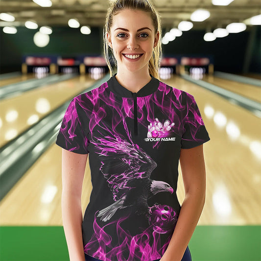 Custom Black And Pink Flame Eagle Bowling Women Quarter-Zip Shirts, Bowling League Shirt IPHW8800