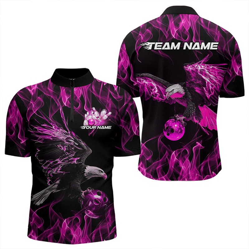 Custom Black And Pink Flame Eagle Bowling Team Men Quarter-Zip Shirts, Eagle Bowling League Shirt IPHW8800