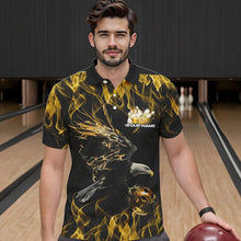 Load image into Gallery viewer, Custom Black And Gold Flame Eagle Bowling Team Men Polo Shirts, Eagle Bowling League Shirt IPHW8801