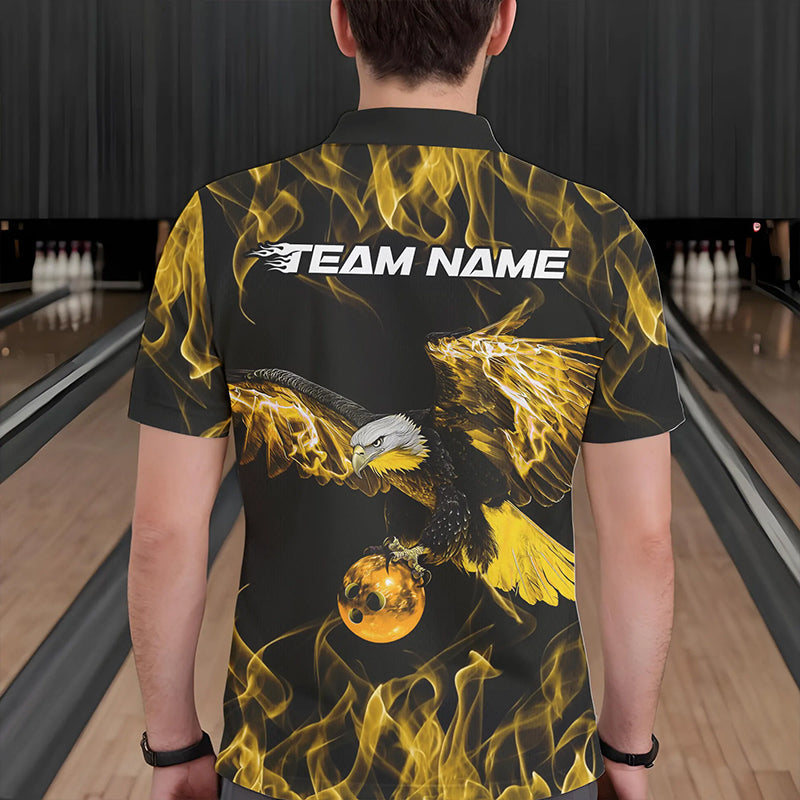 Custom Black And Gold Flame Eagle Bowling Team Men Polo Shirts, Eagle Bowling League Shirt IPHW8801