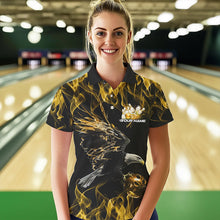 Load image into Gallery viewer, Custom Black And Gold Flame Eagle Bowling Team Women Polo Shirt, Eagle Bowling League Shirt IPHW8801