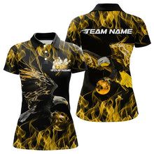 Load image into Gallery viewer, Custom Black And Gold Flame Eagle Bowling Team Women Polo Shirt, Eagle Bowling League Shirt IPHW8801