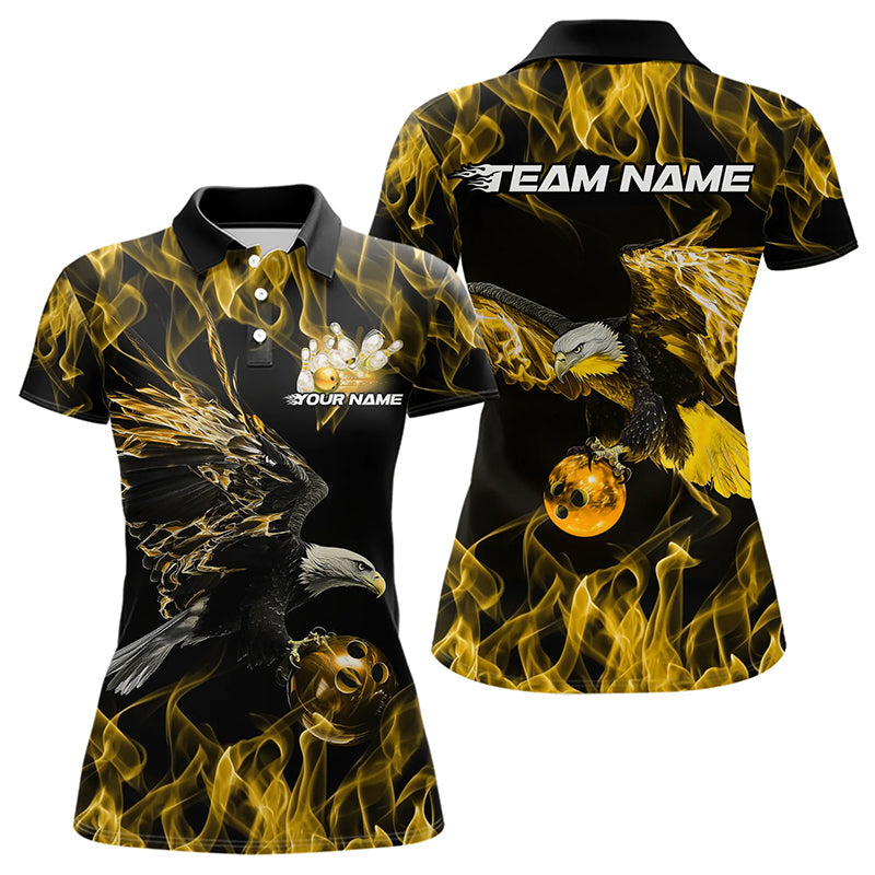 Custom Black And Gold Flame Eagle Bowling Team Women Polo Shirt, Eagle Bowling League Shirt IPHW8801