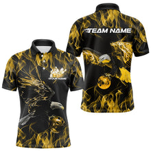 Load image into Gallery viewer, Custom Black And Gold Flame Eagle Bowling Team Men Polo Shirts, Eagle Bowling League Shirt IPHW8801