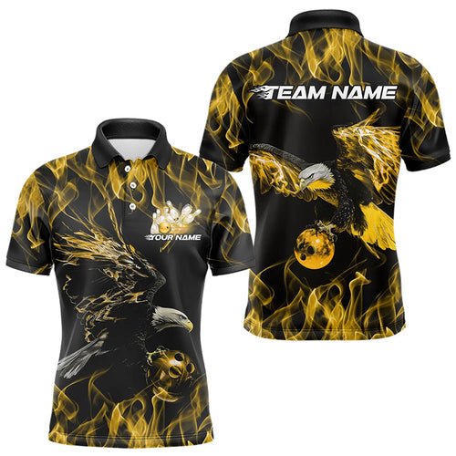 Custom Black And Gold Flame Eagle Bowling Team Men Polo Shirts, Eagle Bowling League Shirt IPHW8801