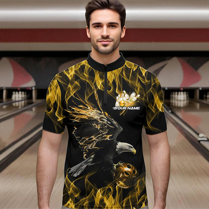 Custom Black And Gold Flame Eagle Bowling Team Men Quarter-Zip Shirts, Eagle Bowling League Shirt IPHW8801