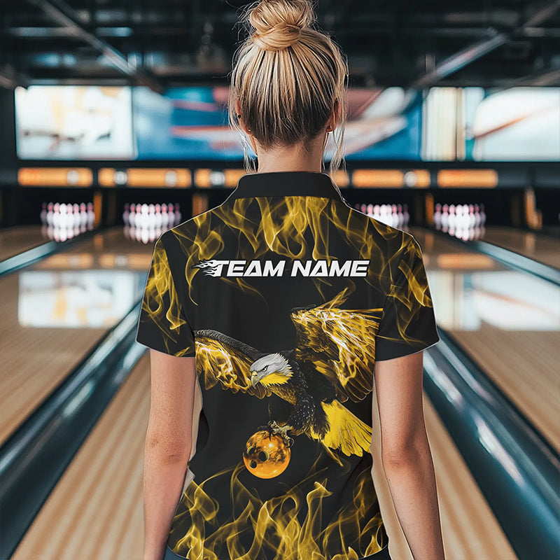 Custom Black And Gold Flame Eagle Bowling Women Quarter-Zip Shirts, Bowling League Shirt IPHW8801