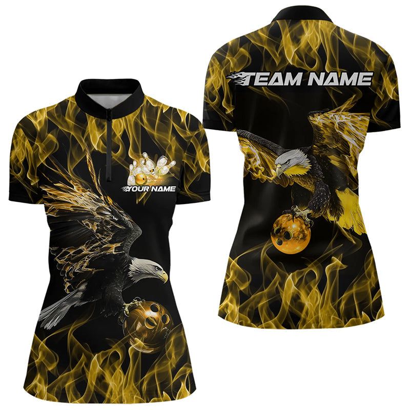 Custom Black And Gold Flame Eagle Bowling Women Quarter-Zip Shirts, Bowling League Shirt IPHW8801