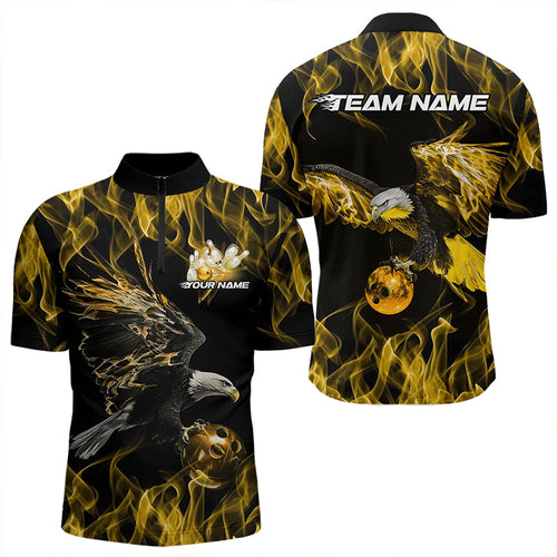 Custom Black And Gold Flame Eagle Bowling Team Men Quarter-Zip Shirts, Eagle Bowling League Shirt IPHW8801