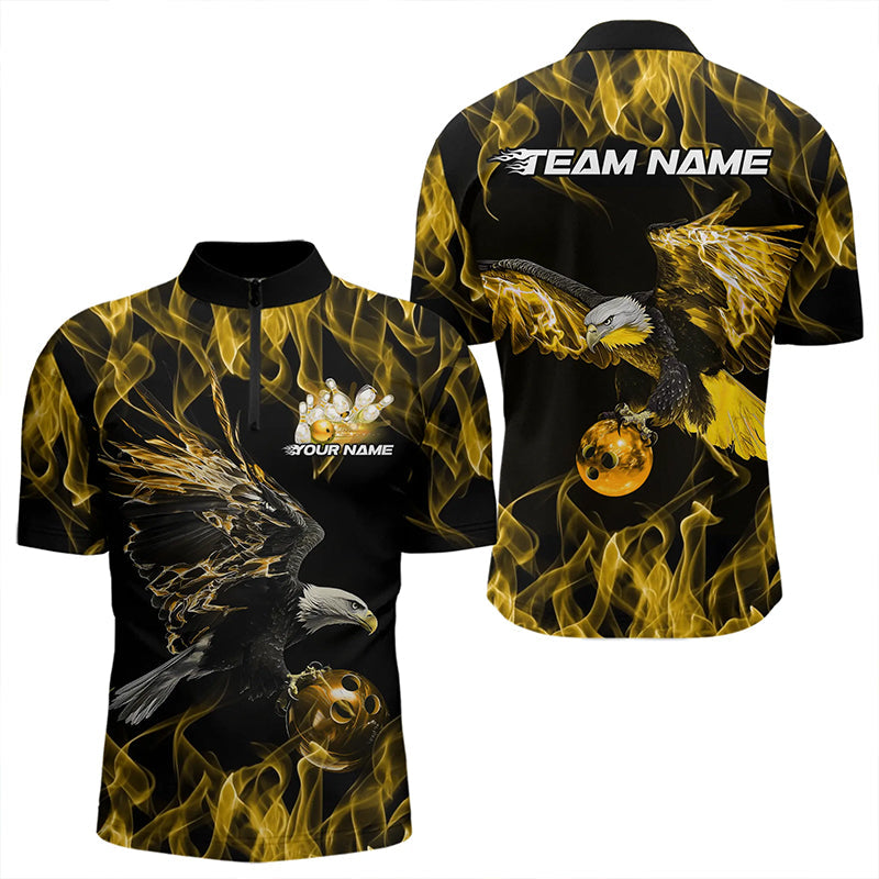 Custom Black And Gold Flame Eagle Bowling Team Men Quarter-Zip Shirts, Eagle Bowling League Shirt IPHW8801