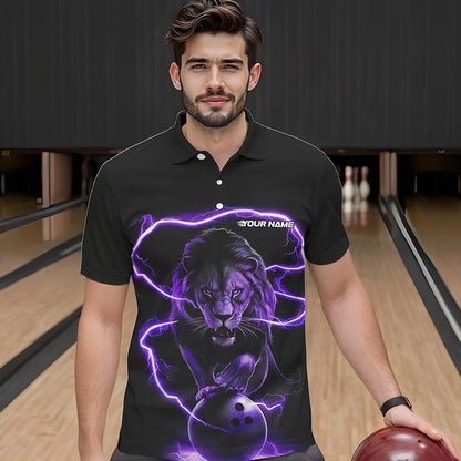 Custom Black And Purple Thunder Lightning Lion Bowling Polo Shirts For Men, Team Uniform IPHW8802