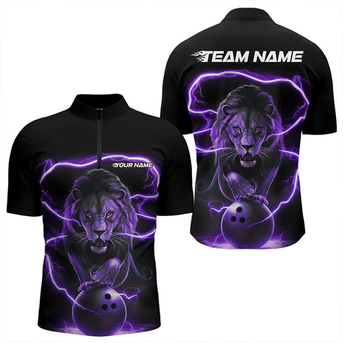 Custom Black And Purple Thunder Lightning Lion Bowling Quarter-Zip Shirts For Men, Team Uniform IPHW8802