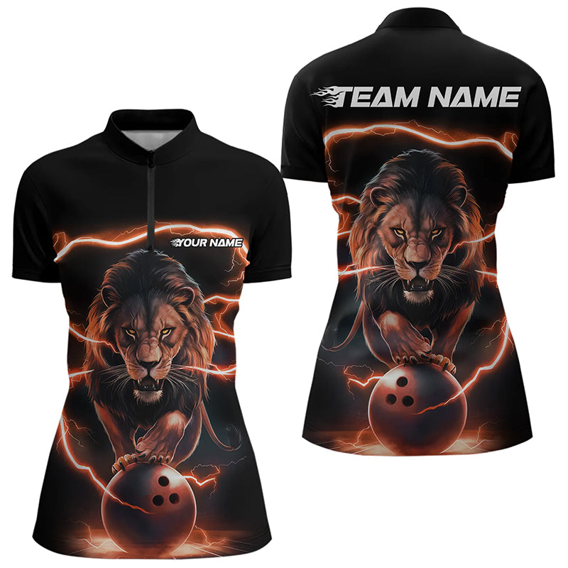 Custom Black Orange Thunder Lightning Lion Bowling Women Quarter-Zip Shirt, Team Uniform IPHW8803