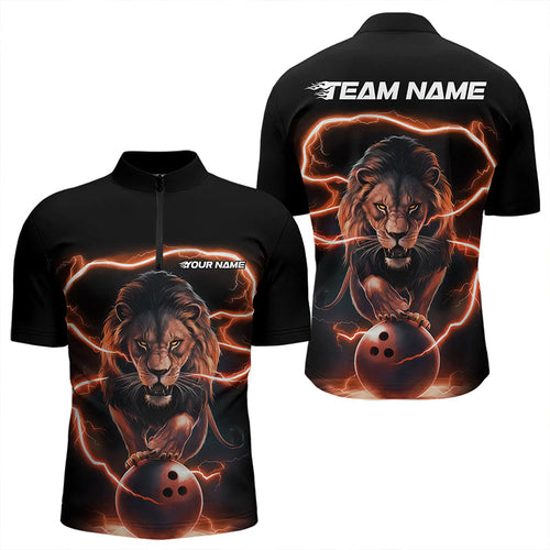 Custom Black And Orange Thunder Lightning Lion Bowling Quarter-Zip Shirts For Men, Team Uniform IPHW8803