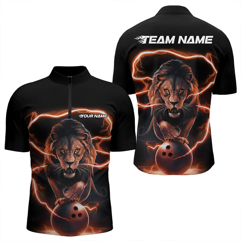 Custom Black And Orange Thunder Lightning Lion Bowling Quarter-Zip Shirts For Men, Team Uniform IPHW8803