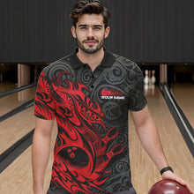 Load image into Gallery viewer, Custom Black And Red Tribal Polynesian Bowling Team Men Polo Shirts, Niho Mano Bowling Shirt IPHW8811