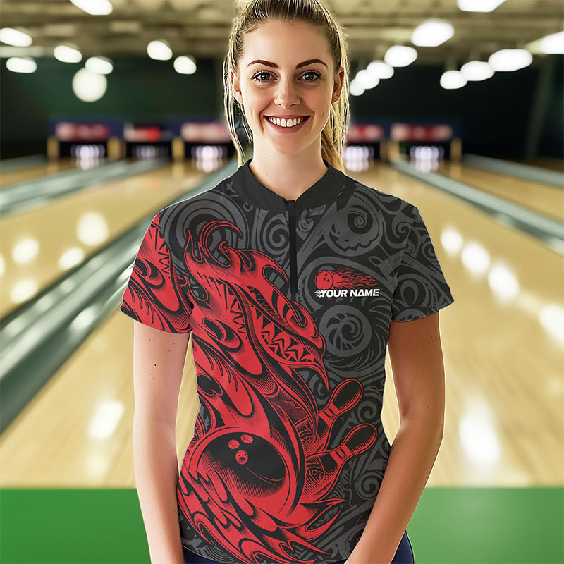Custom Black And Red Tribal Polynesian Bowling Women Quarter-Zip Shirts, Bowlers Outfits IPHW8811