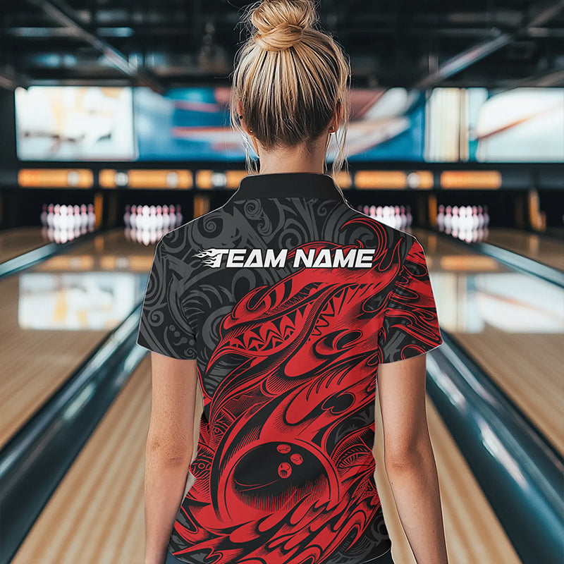 Custom Black And Red Tribal Polynesian Bowling Women Quarter-Zip Shirts, Bowlers Outfits IPHW8811