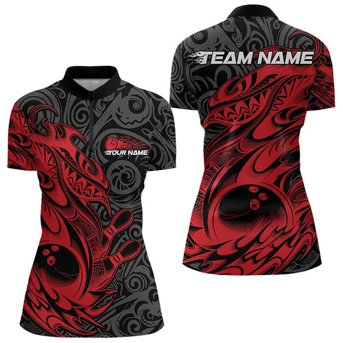 Custom Black And Red Tribal Polynesian Bowling Women Quarter-Zip Shirts, Bowlers Outfits IPHW8811