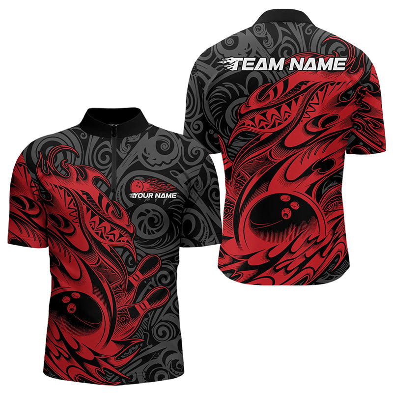 Custom Black And Red Tribal Polynesian Bowling Team Men Quarter-Zip Shirts, Niho Mano Bowling Shirt IPHW8811