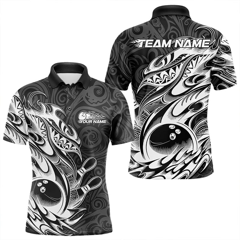 Custom Black And White Tribal Polynesian Bowling Team Men Polo Shirts, Niho Mano Bowling Shirt IPHW8812