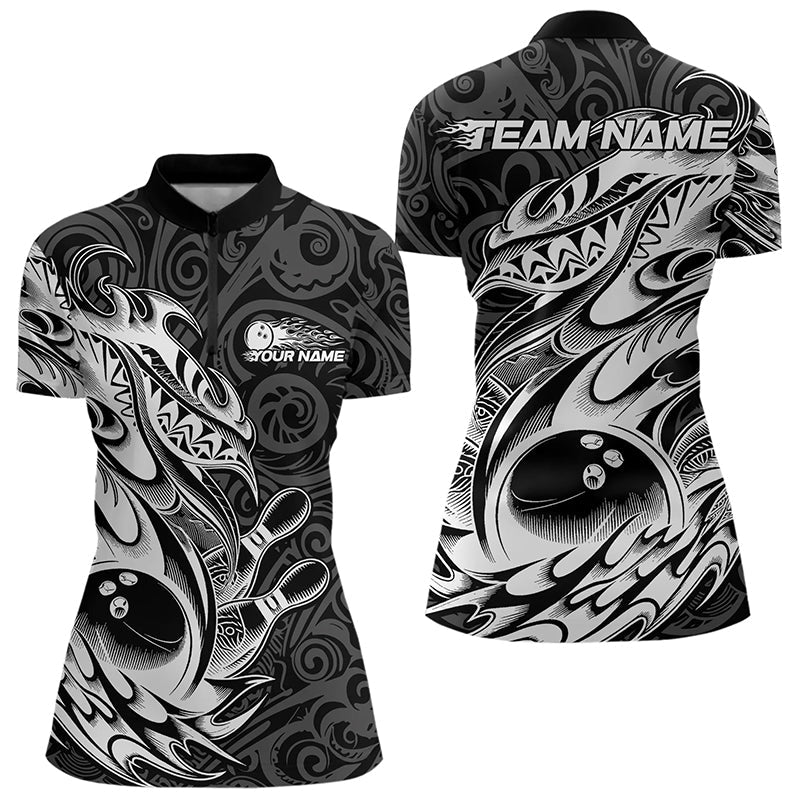 Custom Black And White Tribal Polynesian Bowling Team Women Quarter-Zip ShirtsTeam Uniform IPHW8812