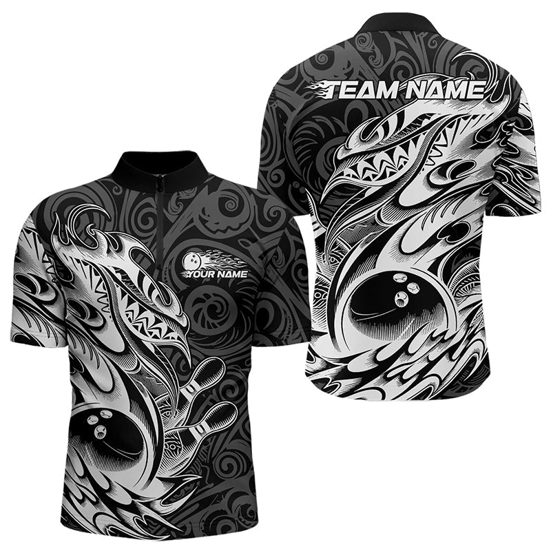 Custom Black And White Tribal Polynesian Bowling Team Men Quarter-Zip Shirts, Niho Mano Bowling IPHW8812