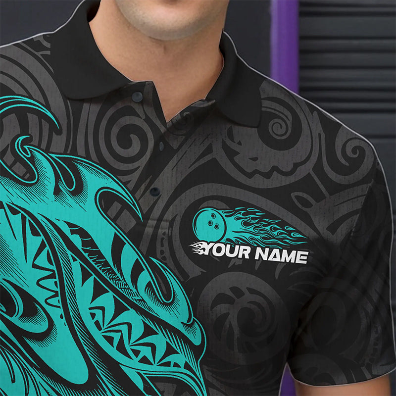 Custom Black And Blue Tribal Polynesian Bowling Team Men Polo Shirts, Niho Mano Bowling Shirt IPHW8813