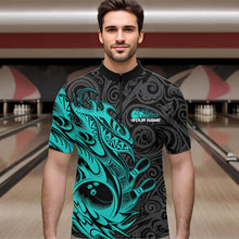 Load image into Gallery viewer, Custom Black And Blue Tribal Polynesian Bowling Team Men Quarter-Zip Shirt, Niho Mano Bowling Shirt IPHW8813