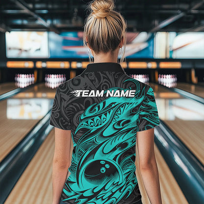 Custom Black And Blue Tribal Polynesian Bowling Team Women Quarter-Zip Shirts Team Uniform IPHW8813