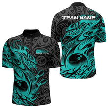 Load image into Gallery viewer, Custom Black And Blue Tribal Polynesian Bowling Team Men Quarter-Zip Shirt, Niho Mano Bowling Shirt IPHW8813