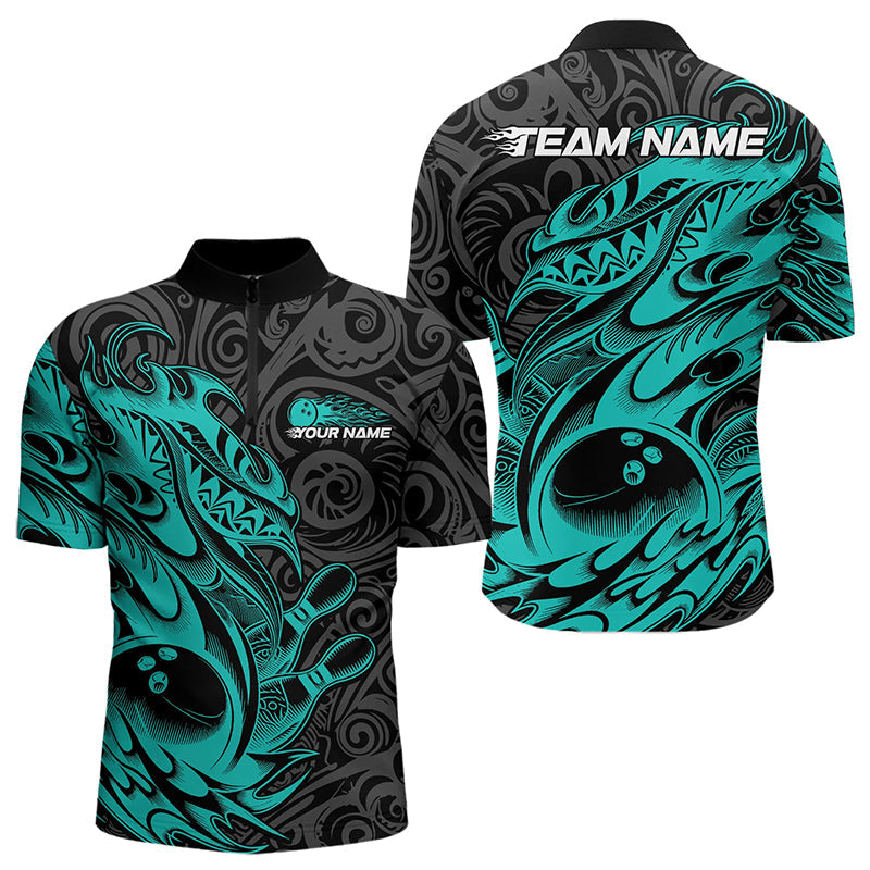 Custom Black And Blue Tribal Polynesian Bowling Team Men Quarter-Zip Shirt, Niho Mano Bowling Shirt IPHW8813