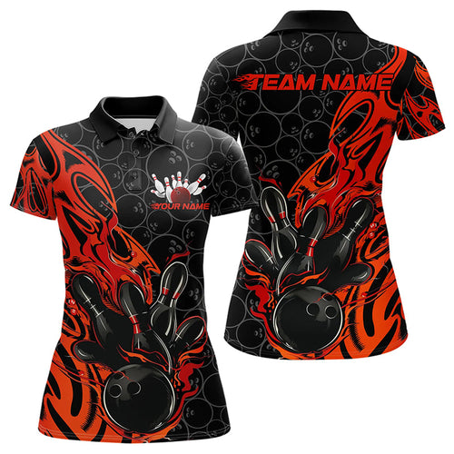 Custom Black And Red Tribal Flame Bowling Team Women Polo Shirts, Bowling Pattern Outfits IPHW8814